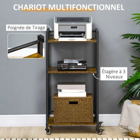 HOMCOM Chariot De Service Desserte Vintage Style Industriel 3 étagères Réglables Acier Noir Panneaux Particules Aspect Bois - Marron 6 HOMCOM Chariot De Service Desserte Vintage Style Industriel 3 étagères Réglables Acier Noir Panneaux Particules Aspect Bois - Marron – Image 4