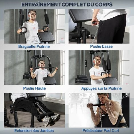HOMCOM Station De Musculation - Entrainement Complet - Développé Couché, Butterfly, Barre Latissimus, Curler, Bande Résistance - 9 Contrepoids - Acier Noir - Noir 7 HOMCOM Station De Musculation - Entrainement Complet - Développé Couché, Butterfly, Barre Latissimus, Curler, Bande Résistance - 9 Contrepoids - Acier Noir - Noir – Image 5
