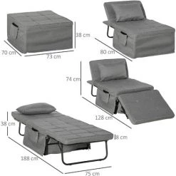 HOMCOM Fauteuil Relax Canapé Pouf Lit D'appoint 4 En 1 Dossier Inclinable 5 Niveaux Repose-pied Rabattable Châssis Acier Noir Polyester Gris - Gris -France HOMCOM Soldes 2022 64446213 3