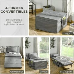 HOMCOM Fauteuil Relax Canapé Pouf Lit D'appoint 4 En 1 Dossier Inclinable 5 Niveaux Repose-pied Rabattable Châssis Acier Noir Polyester Gris - Gris -France HOMCOM Soldes 2022 64446213 5