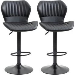 HOMCOM Lot De 2 Tabourets De Bar Design Contemporain Hauteur D'assise Réglable 61-81 Cm Pivotant 360° Repose-pied Revêtement Synthétique Noir - Noir