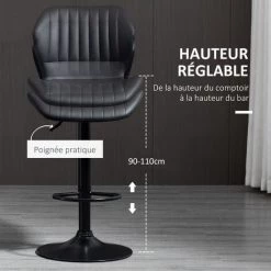 HOMCOM Lot De 2 Tabourets De Bar Design Contemporain Hauteur D'assise Réglable 61-81 Cm Pivotant 360° Repose-pied Revêtement Synthétique Noir - Noir -France HOMCOM Soldes 2022 64448127 5