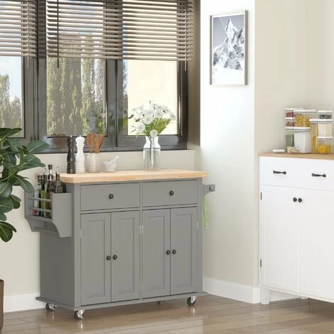 HOMCOM Desserte De Cuisine Multi Rangements 2 Tiroirs 2 Placard 2 Portes Avec étagère Range-bouteille Porte-torchons MDF Gris Hévéa - Gris 4 HOMCOM Desserte De Cuisine Multi Rangements 2 Tiroirs 2 Placard 2 Portes Avec étagère Range-bouteille Porte-torchons MDF Gris Hévéa - Gris – Image 2