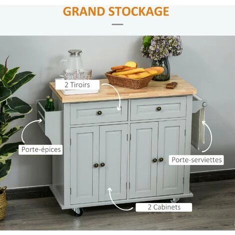 HOMCOM Desserte De Cuisine Multi Rangements 2 Tiroirs 2 Placard 2 Portes Avec étagère Range-bouteille Porte-torchons MDF Gris Hévéa - Gris 7 HOMCOM Desserte De Cuisine Multi Rangements 2 Tiroirs 2 Placard 2 Portes Avec étagère Range-bouteille Porte-torchons MDF Gris Hévéa - Gris – Image 5