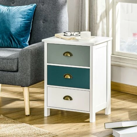 HOMCOM Chevet Table De Nuit 3 Tiroirs Style Néo-rétro Dim. 45L X 30l X 61H Cm Poignées Coquilles MDF Blanc Bleu Gris - Blanc 4 HOMCOM Chevet Table De Nuit 3 Tiroirs Style Néo-rétro Dim. 45L X 30l X 61H Cm Poignées Coquilles MDF Blanc Bleu Gris - Blanc – Image 2