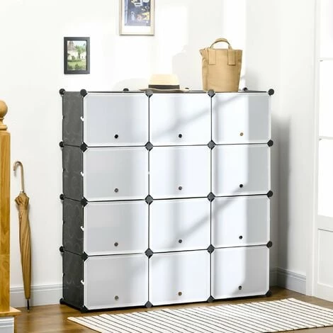 HOMCOM Meuble De Rangement - Meuble à Chaussures Modulable 12 Casiers Avec Portes Et étagères - Dim. 125L X 32l X 125H Cm - PP Noir Blanc - Blanc 4 HOMCOM Meuble De Rangement - Meuble à Chaussures Modulable 12 Casiers Avec Portes Et étagères - Dim. 125L X 32l X 125H Cm - PP Noir Blanc - Blanc – Image 2