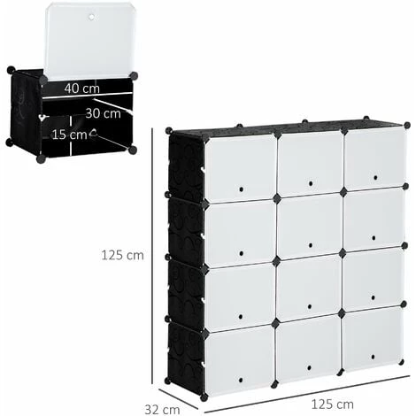 HOMCOM Meuble De Rangement - Meuble à Chaussures Modulable 12 Casiers Avec Portes Et étagères - Dim. 125L X 32l X 125H Cm - PP Noir Blanc - Blanc 5 HOMCOM Meuble De Rangement - Meuble à Chaussures Modulable 12 Casiers Avec Portes Et étagères - Dim. 125L X 32l X 125H Cm - PP Noir Blanc - Blanc – Image 3