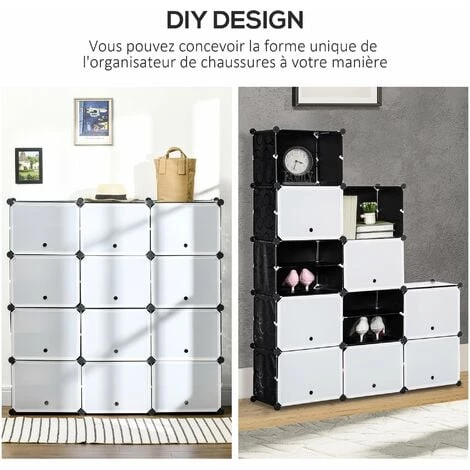 HOMCOM Meuble De Rangement - Meuble à Chaussures Modulable 12 Casiers Avec Portes Et étagères - Dim. 125L X 32l X 125H Cm - PP Noir Blanc - Blanc 7 HOMCOM Meuble De Rangement - Meuble à Chaussures Modulable 12 Casiers Avec Portes Et étagères - Dim. 125L X 32l X 125H Cm - PP Noir Blanc - Blanc – Image 5