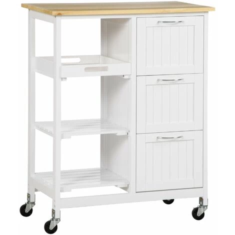 HOMCOM Desserte De Cuisine Multi-rangement 3 Tiroirs 2 étagères Plateau Amovible MDF Blanc Bois De Pin - Blanc 3 HOMCOM Desserte De Cuisine Multi-rangement 3 Tiroirs 2 étagères Plateau Amovible MDF Blanc Bois De Pin - Blanc