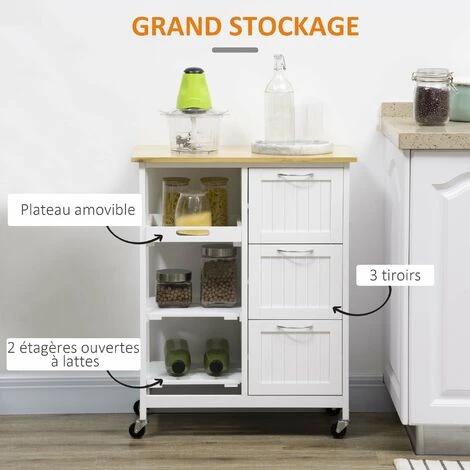HOMCOM Desserte De Cuisine Multi-rangement 3 Tiroirs 2 étagères Plateau Amovible MDF Blanc Bois De Pin - Blanc 7 HOMCOM Desserte De Cuisine Multi-rangement 3 Tiroirs 2 étagères Plateau Amovible MDF Blanc Bois De Pin - Blanc – Image 5