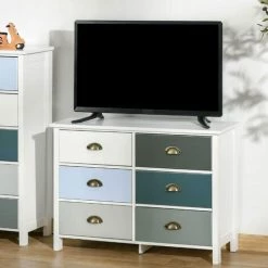 HOMCOM Commode Style Néo-rétro 6 Tiroirs Poignées Coquilles MDF Blanc Bleu Gris - Blanc -France HOMCOM Soldes 2022 64714085 4