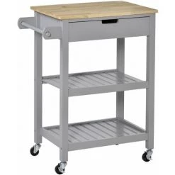 HOMCOM Desserte De Cuisine à Roulettes - Chariot De Service - Tiroir, 2 étagères - Plateau Bois Hévéa MDF Gris - Gris
