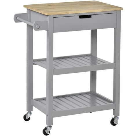 HOMCOM Desserte De Cuisine à Roulettes - Chariot De Service - Tiroir, 2 étagères - Plateau Bois Hévéa MDF Gris - Gris 3 HOMCOM Desserte De Cuisine à Roulettes - Chariot De Service - Tiroir, 2 étagères - Plateau Bois Hévéa MDF Gris - Gris
