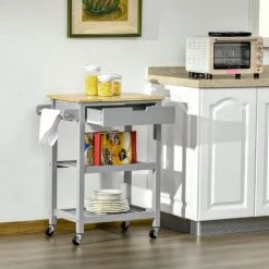 HOMCOM Desserte De Cuisine à Roulettes - Chariot De Service - Tiroir, 2 étagères - Plateau Bois Hévéa MDF Gris - Gris 10 HOMCOM Desserte De Cuisine à Roulettes - Chariot De Service - Tiroir, 2 étagères - Plateau Bois Hévéa MDF Gris - Gris -France HOMCOM Soldes 2022 64716344 4