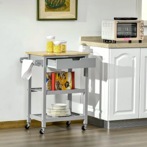 HOMCOM Desserte De Cuisine à Roulettes - Chariot De Service - Tiroir, 2 étagères - Plateau Bois Hévéa MDF Gris - Gris 6 HOMCOM Desserte De Cuisine à Roulettes - Chariot De Service - Tiroir, 2 étagères - Plateau Bois Hévéa MDF Gris - Gris – Image 4
