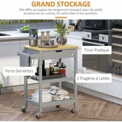HOMCOM Desserte De Cuisine à Roulettes - Chariot De Service - Tiroir, 2 étagères - Plateau Bois Hévéa MDF Gris - Gris 11 HOMCOM Desserte De Cuisine à Roulettes - Chariot De Service - Tiroir, 2 étagères - Plateau Bois Hévéa MDF Gris - Gris -France HOMCOM Soldes 2022 64716344 5