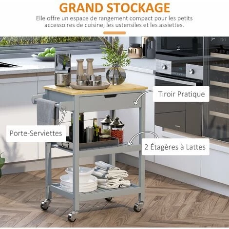 HOMCOM Desserte De Cuisine à Roulettes - Chariot De Service - Tiroir, 2 étagères - Plateau Bois Hévéa MDF Gris - Gris 7 HOMCOM Desserte De Cuisine à Roulettes - Chariot De Service - Tiroir, 2 étagères - Plateau Bois Hévéa MDF Gris - Gris – Image 5