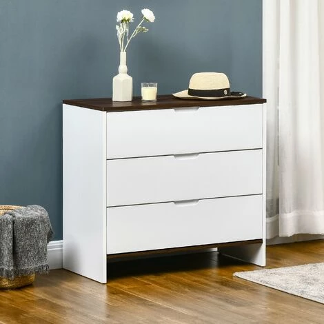 HOMCOM Commode Meuble De Rangement Style Contemporain 3 Tiroirs Dim. 80L X 40l X 73H Cm MDF Blanc Aspect Bois Noyer - Blanc 4 HOMCOM Commode Meuble De Rangement Style Contemporain 3 Tiroirs Dim. 80L X 40l X 73H Cm MDF Blanc Aspect Bois Noyer - Blanc – Image 2