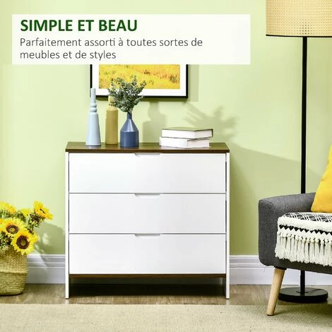HOMCOM Commode Meuble De Rangement Style Contemporain 3 Tiroirs Dim. 80L X 40l X 73H Cm MDF Blanc Aspect Bois Noyer - Blanc 7 HOMCOM Commode Meuble De Rangement Style Contemporain 3 Tiroirs Dim. 80L X 40l X 73H Cm MDF Blanc Aspect Bois Noyer - Blanc – Image 5