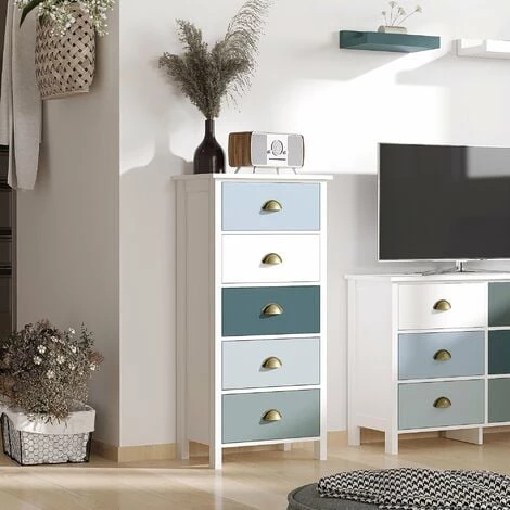 HOMCOM Meuble De Rangement Chiffonnier Style Néo-rétro 5 Tiroirs Poignées Coquilles MDF Blanc Bleu Gris - Blanc 4 HOMCOM Meuble De Rangement Chiffonnier Style Néo-rétro 5 Tiroirs Poignées Coquilles MDF Blanc Bleu Gris - Blanc – Image 2