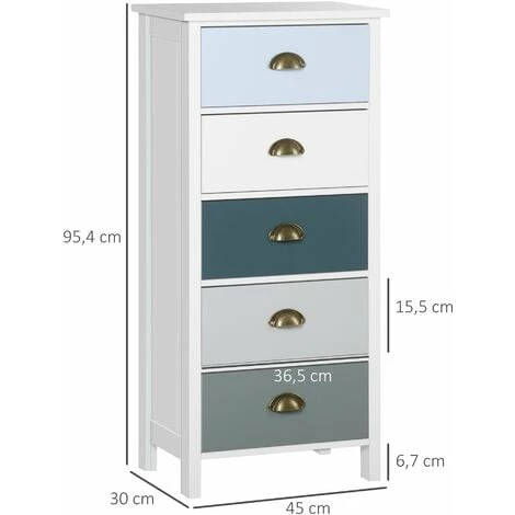 HOMCOM Meuble De Rangement Chiffonnier Style Néo-rétro 5 Tiroirs Poignées Coquilles MDF Blanc Bleu Gris - Blanc 5 HOMCOM Meuble De Rangement Chiffonnier Style Néo-rétro 5 Tiroirs Poignées Coquilles MDF Blanc Bleu Gris - Blanc – Image 3