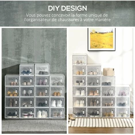 HOMCOM Lot De 18 Boites Cubes Rangement à Chaussures Modulable Avec Portes Transparentes - Dim. 25L X 35l X 19H Cm - PP Blanc Transparent - Blanc 7 HOMCOM Lot De 18 Boites Cubes Rangement à Chaussures Modulable Avec Portes Transparentes - Dim. 25L X 35l X 19H Cm - PP Blanc Transparent - Blanc – Image 5