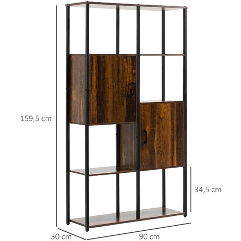 HOMCOM Bibliothèque Style Industriel 4 étagères Et 2 Portes En Panneaux De Particules Et Métal - Dim. 90L X 30l X 159.5H Cm - Marron 5 HOMCOM Bibliothèque Style Industriel 4 étagères Et 2 Portes En Panneaux De Particules Et Métal - Dim. 90L X 30l X 159.5H Cm - Marron – Image 3