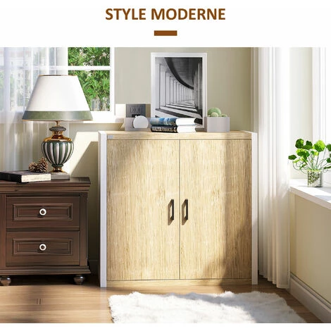 HOMCOM Buffet Meuble De Rangement Avec Placard 2 Portes Et 1 étagère Réglable MDF - Blanc Et Aspect Bois - Dim. 80I X 40P X 77H Cm - Beige 7 HOMCOM Buffet Meuble De Rangement Avec Placard 2 Portes Et 1 étagère Réglable MDF - Blanc Et Aspect Bois - Dim. 80I X 40P X 77H Cm - Beige – Image 5