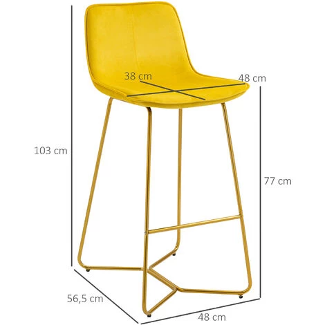 HOMCOM Tabouret De Bar Lot De 2 Avec Repose-pieds Hauteur 103 Cm - Piètement Métal Doré - Jaune - Jaune 5 HOMCOM Tabouret De Bar Lot De 2 Avec Repose-pieds Hauteur 103 Cm - Piètement Métal Doré - Jaune - Jaune – Image 3