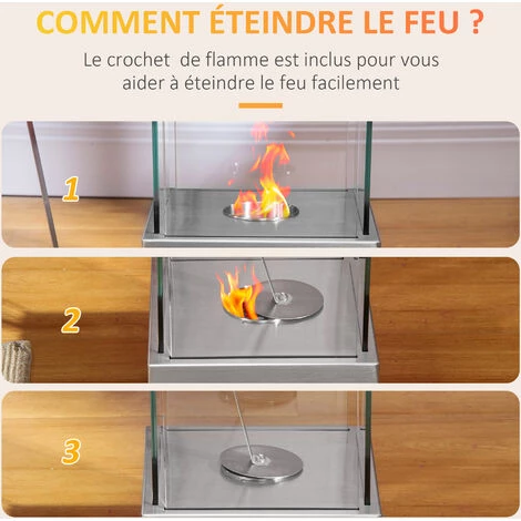 HOMCOM Cheminée Portable à Poser Bioéthanol Avec Réservoir 0,4 L Couverture 15 M² - Dim. 25L X 25l X 60H Cm - Argent 7 HOMCOM Cheminée Portable à Poser Bioéthanol Avec Réservoir 0,4 L Couverture 15 M² - Dim. 25L X 25l X 60H Cm - Argent – Image 5