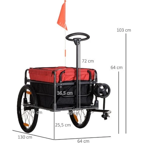 HOMCOM Remorque à Vélo Ou Piéton Avec Barre D'attelage Universelle Et Tissu Oxford - Drapeau Et Réflecteurs - Dim. 130L X 64l X 64/103H Cm - Noir 4 HOMCOM Remorque à Vélo Ou Piéton Avec Barre D'attelage Universelle Et Tissu Oxford - Drapeau Et Réflecteurs - Dim. 130L X 64l X 64/103H Cm - Noir – Image 3