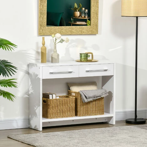 HOMCOM Console Table D'appoint Avec étagère Et 2 Tiroirs Dim. 101,6L X 28l X 76,2H Cm Panneaux De Particules Blanc - Blanc 4 HOMCOM Console Table D'appoint Avec étagère Et 2 Tiroirs Dim. 101,6L X 28l X 76,2H Cm Panneaux De Particules Blanc - Blanc – Image 2