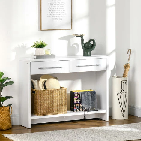 HOMCOM Console Table D'appoint Avec étagère Et 2 Tiroirs Dim. 101,6L X 28l X 76,2H Cm Panneaux De Particules Blanc - Blanc 6 HOMCOM Console Table D'appoint Avec étagère Et 2 Tiroirs Dim. 101,6L X 28l X 76,2H Cm Panneaux De Particules Blanc - Blanc – Image 4