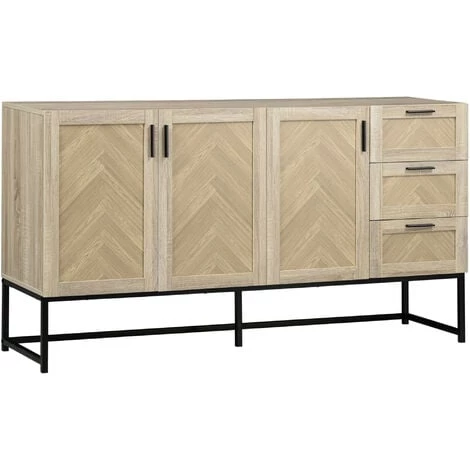 HOMCOM Buffet Meuble De Rangement Motif Chevron 3 Placards Et 3 Tiroirs - Piètement Métal - Structure MDF - I156 Cm - Bois Naturel 3 HOMCOM Buffet Meuble De Rangement Motif Chevron 3 Placards Et 3 Tiroirs - Piètement Métal - Structure MDF - I156 Cm - Bois Naturel