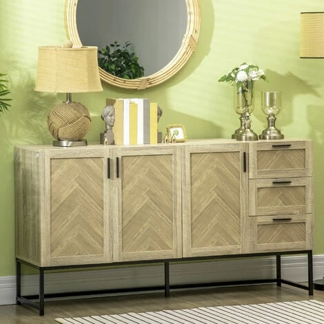 HOMCOM Buffet Meuble De Rangement Motif Chevron 3 Placards Et 3 Tiroirs - Piètement Métal - Structure MDF - I156 Cm - Bois Naturel 4 HOMCOM Buffet Meuble De Rangement Motif Chevron 3 Placards Et 3 Tiroirs - Piètement Métal - Structure MDF - I156 Cm - Bois Naturel – Image 2
