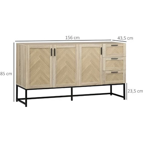HOMCOM Buffet Meuble De Rangement Motif Chevron 3 Placards Et 3 Tiroirs - Piètement Métal - Structure MDF - I156 Cm - Bois Naturel 5 HOMCOM Buffet Meuble De Rangement Motif Chevron 3 Placards Et 3 Tiroirs - Piètement Métal - Structure MDF - I156 Cm - Bois Naturel – Image 3