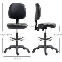 HOMCOM Tabouret à Roulettes Réglable En Hauteur 69-91 Cm Avec Dossier Inclinable Et Repose-pieds Réglable - Noir -France HOMCOM Soldes 2022 67360662 3