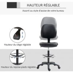 HOMCOM Tabouret à Roulettes Réglable En Hauteur 69-91 Cm Avec Dossier Inclinable Et Repose-pieds Réglable - Noir -France HOMCOM Soldes 2022 67360662 4