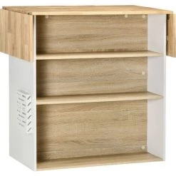 HOMCOM Ilot Central De Cuisine Avec Rangements Plan De Travail Rabattable 2 étagères 140L X 55l X 91H Cm Blanc Et Aspect Chêne Clair - Blanc