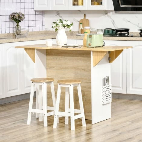 HOMCOM Ilot Central De Cuisine Avec Rangements Plan De Travail Rabattable 2 étagères 140L X 55l X 91H Cm Blanc Et Aspect Chêne Clair - Blanc 4 HOMCOM Ilot Central De Cuisine Avec Rangements Plan De Travail Rabattable 2 étagères 140L X 55l X 91H Cm Blanc Et Aspect Chêne Clair - Blanc – Image 2