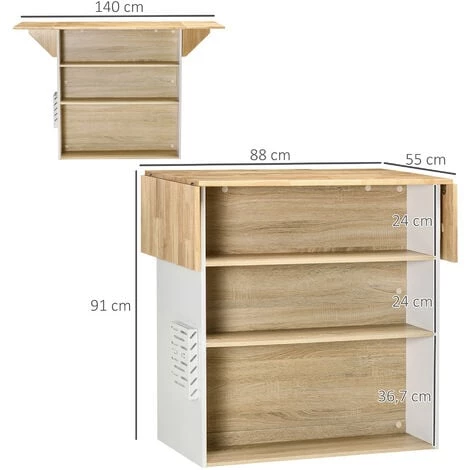 HOMCOM Ilot Central De Cuisine Avec Rangements Plan De Travail Rabattable 2 étagères 140L X 55l X 91H Cm Blanc Et Aspect Chêne Clair - Blanc 5 HOMCOM Ilot Central De Cuisine Avec Rangements Plan De Travail Rabattable 2 étagères 140L X 55l X 91H Cm Blanc Et Aspect Chêne Clair - Blanc – Image 3