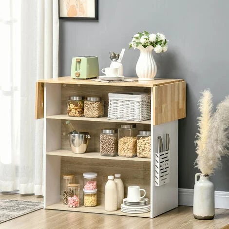 HOMCOM Ilot Central De Cuisine Avec Rangements Plan De Travail Rabattable 2 étagères 140L X 55l X 91H Cm Blanc Et Aspect Chêne Clair - Blanc 6 HOMCOM Ilot Central De Cuisine Avec Rangements Plan De Travail Rabattable 2 étagères 140L X 55l X 91H Cm Blanc Et Aspect Chêne Clair - Blanc – Image 4