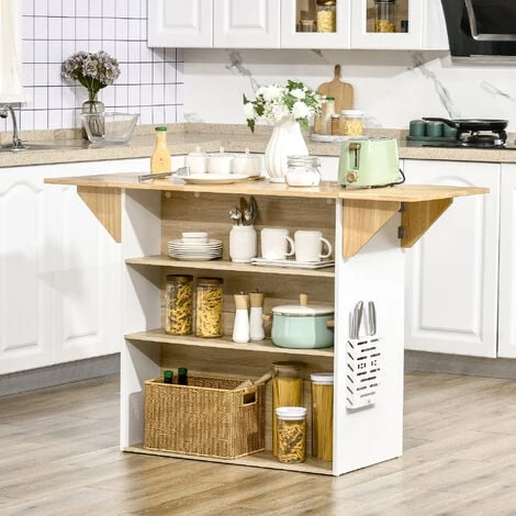 HOMCOM Ilot Central De Cuisine Avec Rangements Plan De Travail Rabattable 2 étagères 140L X 55l X 91H Cm Blanc Et Aspect Chêne Clair - Blanc 7 HOMCOM Ilot Central De Cuisine Avec Rangements Plan De Travail Rabattable 2 étagères 140L X 55l X 91H Cm Blanc Et Aspect Chêne Clair - Blanc – Image 5