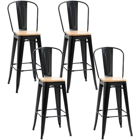 HOMCOM Lot De 4 Tabourets De Bar Industriel Avec Dossier Repose-pied Hauteur Assise 76 Cm Métal Panneaux Multicouches Imitation Bois Clair - Noir 3 HOMCOM Lot De 4 Tabourets De Bar Industriel Avec Dossier Repose-pied Hauteur Assise 76 Cm Métal Panneaux Multicouches Imitation Bois Clair - Noir