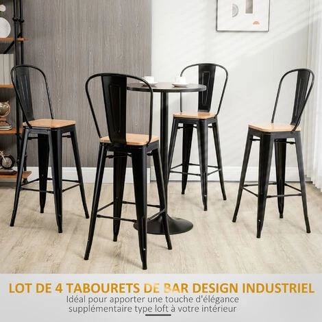 HOMCOM Lot De 4 Tabourets De Bar Industriel Avec Dossier Repose-pied Hauteur Assise 76 Cm Métal Panneaux Multicouches Imitation Bois Clair - Noir 6 HOMCOM Lot De 4 Tabourets De Bar Industriel Avec Dossier Repose-pied Hauteur Assise 76 Cm Métal Panneaux Multicouches Imitation Bois Clair - Noir – Image 4