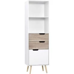 HOMCOM Meuble De Rangement Colonne Design Scandinave - 3 Tiroirs Et 2 Niches - Piètement Effilé Incliné Bois Pin Panneaux Particules Blanc - Blanc