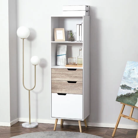 HOMCOM Meuble De Rangement Colonne Design Scandinave - 3 Tiroirs Et 2 Niches - Piètement Effilé Incliné Bois Pin Panneaux Particules Blanc - Blanc 4 HOMCOM Meuble De Rangement Colonne Design Scandinave - 3 Tiroirs Et 2 Niches - Piètement Effilé Incliné Bois Pin Panneaux Particules Blanc - Blanc – Image 2