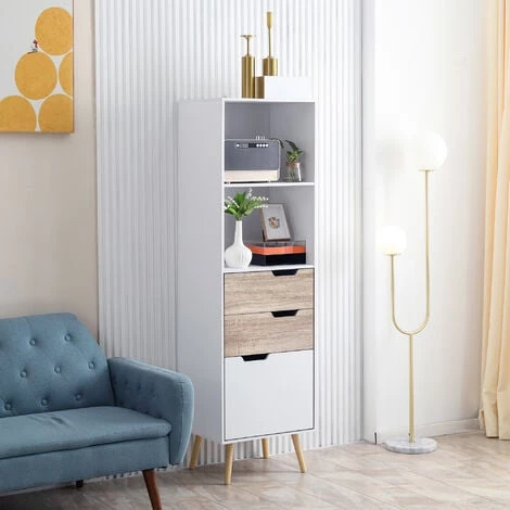HOMCOM Meuble De Rangement Colonne Design Scandinave - 3 Tiroirs Et 2 Niches - Piètement Effilé Incliné Bois Pin Panneaux Particules Blanc - Blanc 6 HOMCOM Meuble De Rangement Colonne Design Scandinave - 3 Tiroirs Et 2 Niches - Piètement Effilé Incliné Bois Pin Panneaux Particules Blanc - Blanc – Image 4