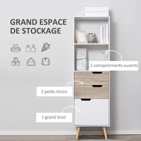 HOMCOM Meuble De Rangement Colonne Design Scandinave - 3 Tiroirs Et 2 Niches - Piètement Effilé Incliné Bois Pin Panneaux Particules Blanc - Blanc 7 HOMCOM Meuble De Rangement Colonne Design Scandinave - 3 Tiroirs Et 2 Niches - Piètement Effilé Incliné Bois Pin Panneaux Particules Blanc - Blanc – Image 5