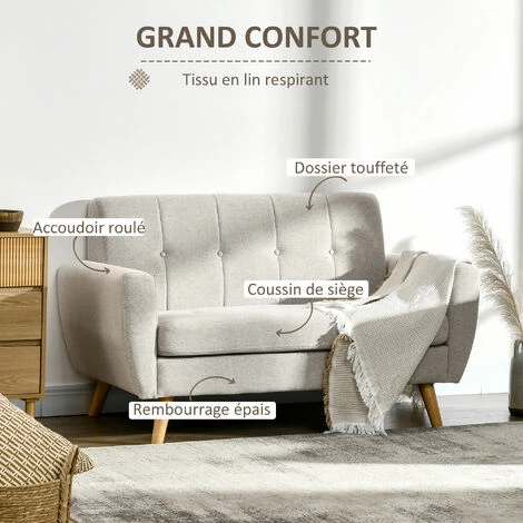 HOMCOM Canapé 2 Places Banquette Design Scandinave Dossier Capitonné Dim. 149L X 76,5l X 86H Cm Gris - Gris 7 HOMCOM Canapé 2 Places Banquette Design Scandinave Dossier Capitonné Dim. 149L X 76,5l X 86H Cm Gris - Gris – Image 5